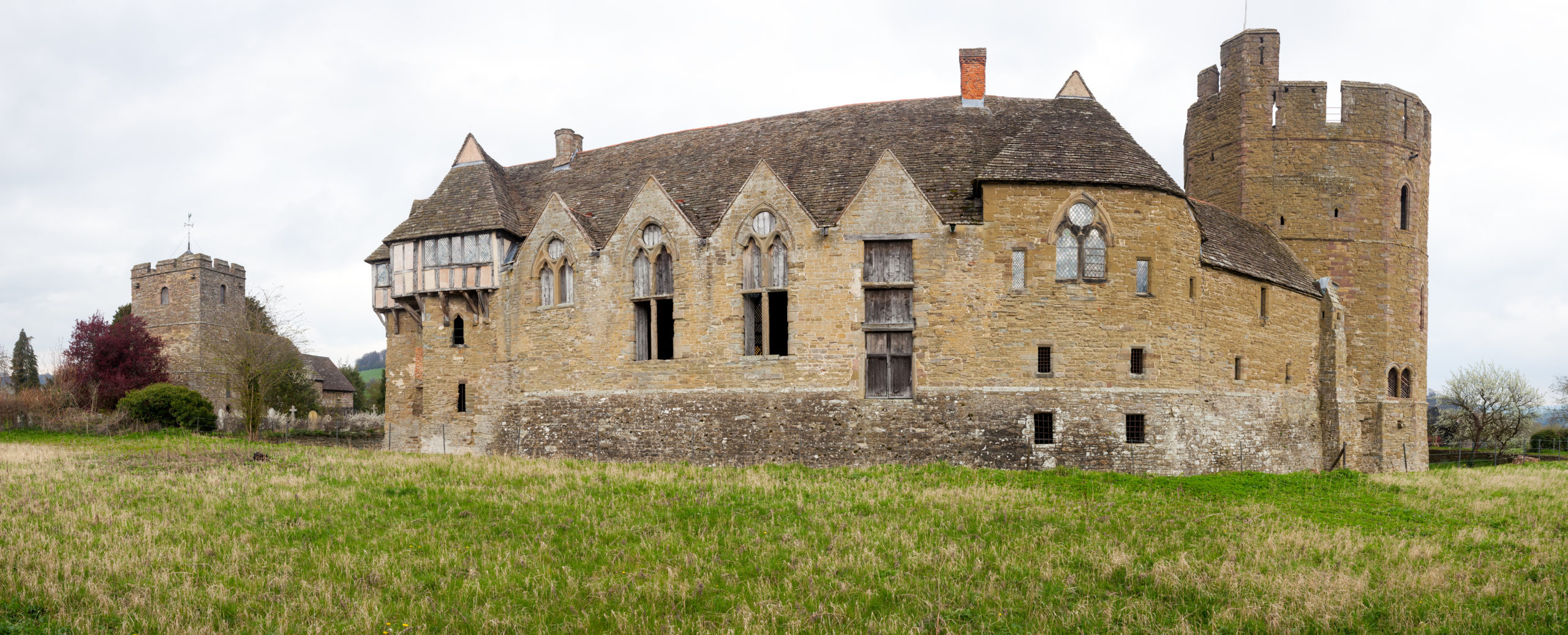 Stokesay Castle in Shropshire on cloudy day